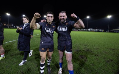 280226 - Ospreys v Ulster Rugby, United Rugby Championship - Lewis Lloyd of Ospreys and Sam Parry of Ospreys at the end of the match
