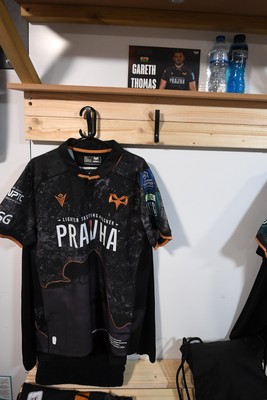 280226 - Ospreys v Ulster - United Rugby Championship - Gareth Thomas’s Jersey in the dressing room for his 150th cap ahead of the match