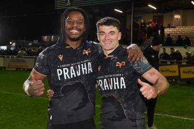 280226 - Ospreys v Ulster - United Rugby Championship - Dan Kasende and Rueben Morgan-Williams of Ospreys celebrate the win at full time