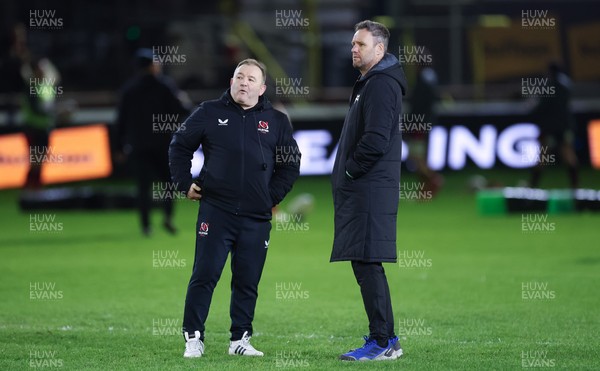 280226 - Ospreys v Ulster Rugby, United Rugby Championship - Ulster head coach Richie Murphy and Ospreys head coach Mark Jones chat ahead of the match
