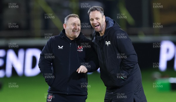 280226 - Ospreys v Ulster Rugby, United Rugby Championship - Ulster head coach Richie Murphy and Ospreys head coach Mark Jones chat ahead of the match