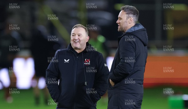 280226 - Ospreys v Ulster Rugby, United Rugby Championship - Ulster head coach Richie Murphy and Ospreys head coach Mark Jones chat ahead of the match