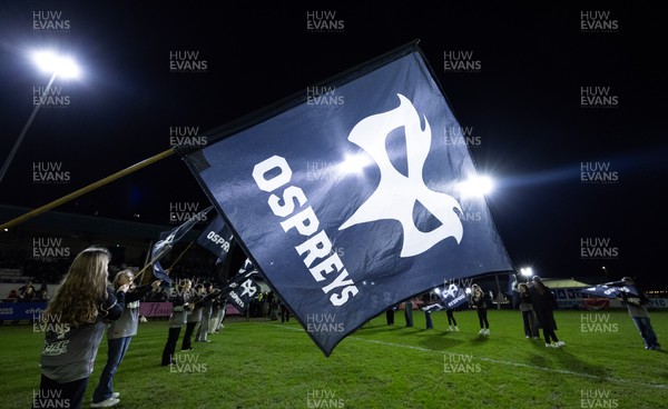 280226 - Ospreys v Ulster Rugby, United Rugby Championship - Ospreys flag held aloft by the guard of honour