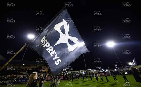 280226 - Ospreys v Ulster Rugby, United Rugby Championship - Ospreys flag held aloft by the guard of honour
