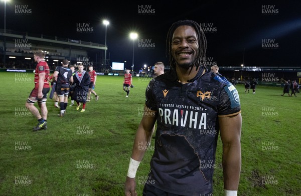 280226 - Ospreys v Ulster Rugby, United Rugby Championship - Dan Kasende of Ospreys at the end of the match