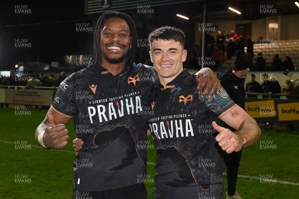 280226 - Ospreys v Ulster - United Rugby Championship - Dan Kasende and Rueben Morgan-Williams of Ospreys celebrate the win at full time