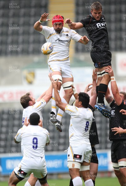 240813 - Ospreys v Worcester Warriors, Pre-season Friendly - Worcester's Jonathan Thomas takes line out ball