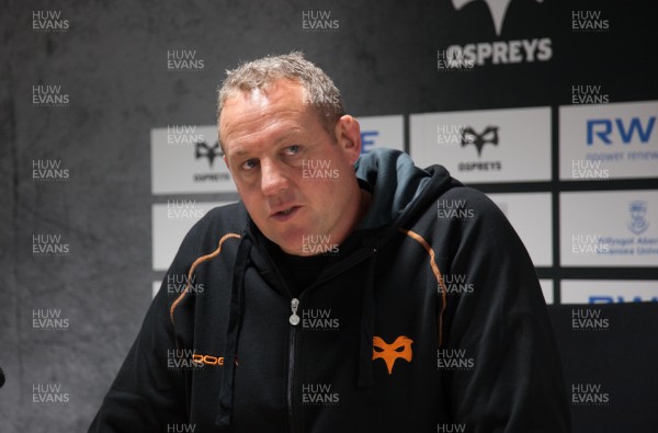 240813 - Ospreys v Worcester Warriors, Pre-season Friendly - Osprey's forwards coach Chris Gibbes speaks to the press at the end of the match