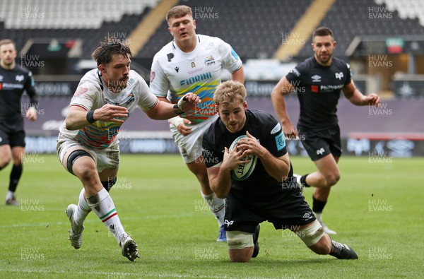 060322 - Ospreys v Zebre - United Rugby Championship - Will Griffiths of Ospreys dives over the line to score a try