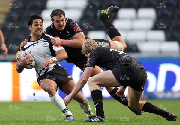 231113 - Ospreys v Zebre, RaboDirect PRO12 - Zebre's Dion Berryman is tackled by Ospreys' Tyler Ardron and Ospreys' Ben John