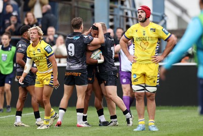 111025 - Ospreys v Zebre Parma - United Rugby Championship - Phil Cokanasiga of Ospreys celebrates scoring a try