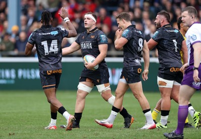 111025 - Ospreys v Zebre Parma - United Rugby Championship - Morgan Morse of Ospreys celebrates scoring a try with team mates