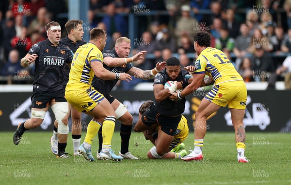 111025 - Ospreys v Zebre Parma - United Rugby Championship - Phil Cokanasiga of Ospreys is tackled by Iacopo Bianchi of Zebre Parma 