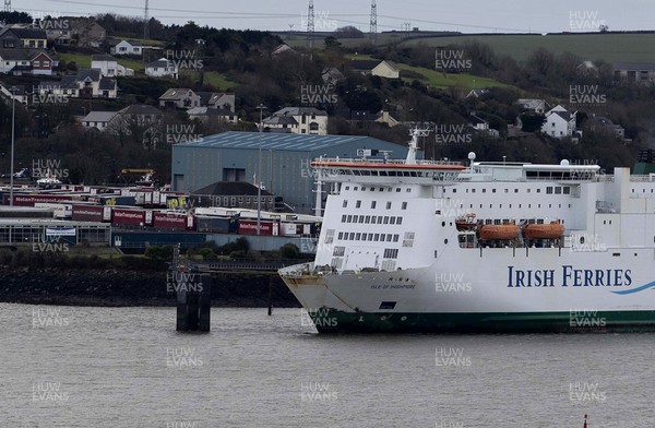 030221 - Picture shows Irish Ferries vessel Isle of Inishmore coming into dock at Pembroke Dock, West Wales The ferry operates between Wales and Rosslare, Ireland transporting passengers and freight lorries on the busy trade route