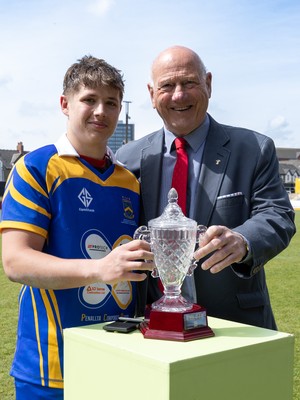 020526 - Penallta v Talywain, U18s Boys Club Bowl Final - Penallta captain Kian Young receives the  U18s Boys Club Bowl Final trophy  from WRU President Terry Cobner
