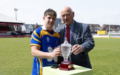 020526 - Penallta v Talywain, U18s Boys Club Bowl Final - Penallta captain Kian Young receives the  U18s Boys Club Bowl Final trophy  from WRU President Terry Cobner