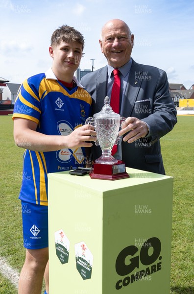020526 - Penallta v Talywain, U18s Boys Club Bowl Final - Penallta captain Kian Young receives the  U18s Boys Club Bowl Final trophy  from WRU President Terry Cobner
