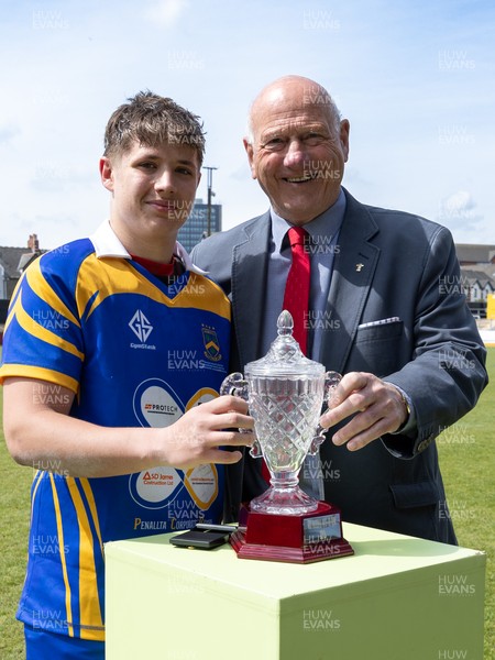 020526 - Penallta v Talywain, U18s Boys Club Bowl Final - Penallta captain Kian Young receives the  U18s Boys Club Bowl Final trophy  from WRU President Terry Cobner