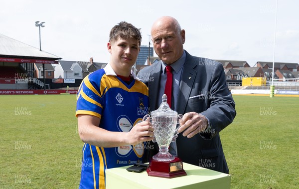 020526 - Penallta v Talywain, U18s Boys Club Bowl Final - Penallta captain Kian Young receives the  U18s Boys Club Bowl Final trophy  from WRU President Terry Cobner