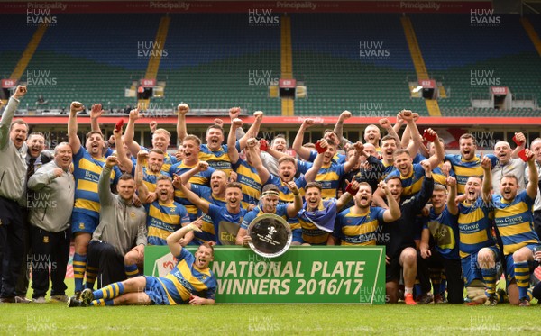 160417 - Penallta v Ystalyfera - National Plate Final - Ross Morgan of Penallta lifts the trophy