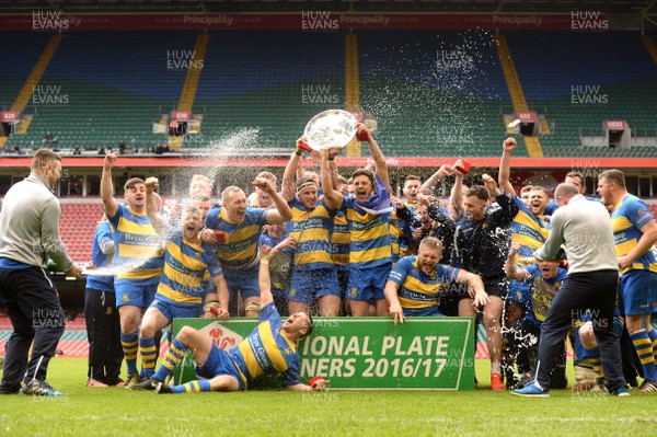 160417 - Penallta v Ystalyfera - National Plate Final - Ross Morgan of Penallta lifts the trophy