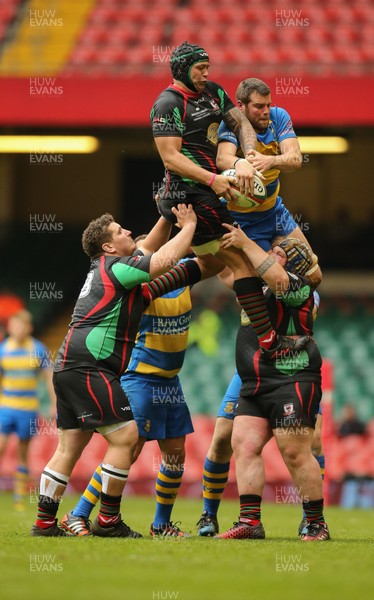 160417 - Penallta v Ystalyfera, WRU National Plate Final - Paul Davies of Ystalyfera takes the line out ball