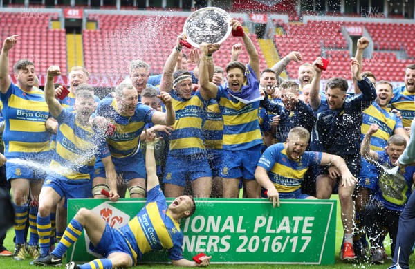 160417 - Penallta v Ystalyfera, WRU National Plate Final - Penallta celebrate after being presented with the WRU National Plate