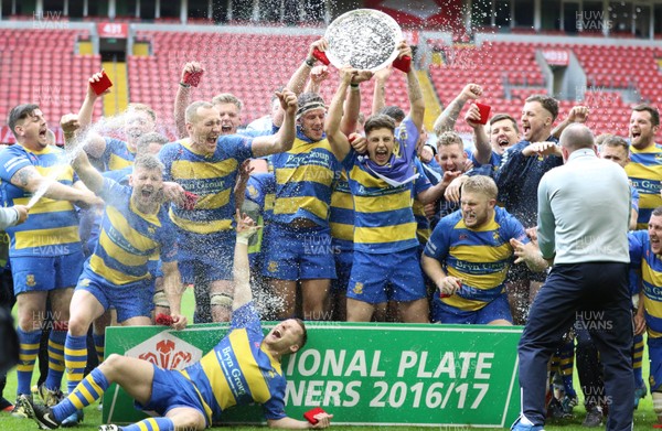 160417 - Penallta v Ystalyfera, WRU National Plate Final - Penallta celebrate after being presented with the WRU National Plate