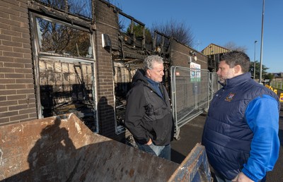 031225 - Penarth RFC Clubhouse Fire -  Alan Cozens Penarth RFC Commercial secretary, left and Dan Mears, Penarth RFC Secretary at the Penarth RFC Clubhouse which was devastated by a recent fire