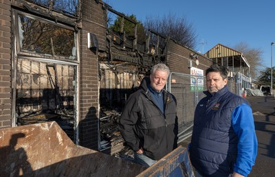 031225 - Penarth RFC Clubhouse Fire -  Alan Cozens Penarth RFC Commercial secretary, left and Dan Mears, Penarth RFC Secretary at the Penarth RFC Clubhouse which was devastated by a recent fire