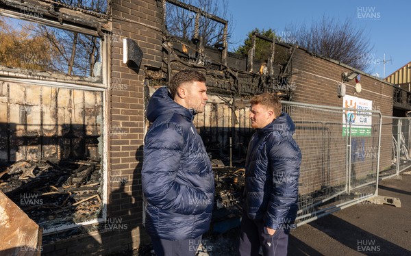031225 - Penarth RFC Clubhouse Fire - Cardiff Rugby and Welsh internationals Mason Grady and Evan Lloyd at the Penarth RFC Clubhouse which was devastated by a recent fire