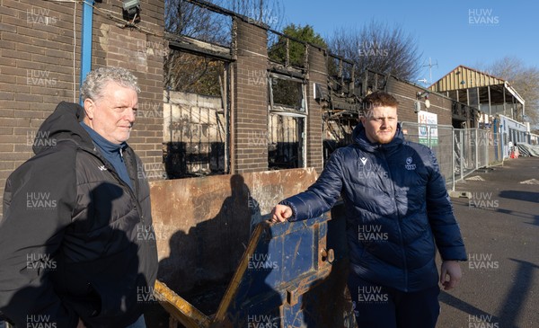 031225 - Penarth RFC Clubhouse Fire - Dan Mears, Penarth RFC Secretary with Cardiff Rugby and Welsh international Evan Lloyd at the Penarth RFC Clubhouse which was devastated by a recent fire