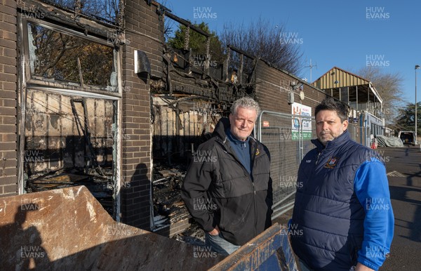 031225 - Penarth RFC Clubhouse Fire -  Alan Cozens Penarth RFC Commercial secretary, left and Dan Mears, Penarth RFC Secretary at the Penarth RFC Clubhouse which was devastated by a recent fire