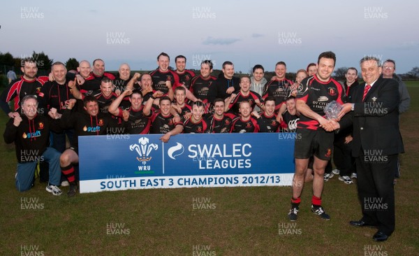 300413 - Pentyrch v Dowlais RFC, SWALEC League Div 3 South East - Dowlais captain James Quirk is presented with the Div 3 South East trophy by WRU Board Member Ray Wilton