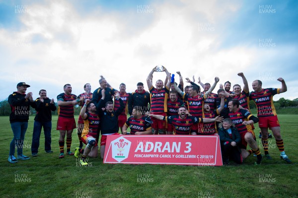250419 - Penygroes v Cwmgwrach, WRU League 3 West Central C - Penygroes celebrate after being presented with the League 3 West Central C title trophy