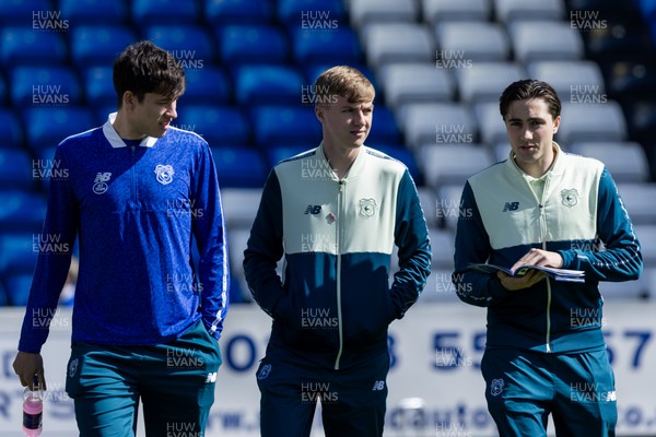060426 - Peterborough United v Cardiff City - Sky Bet League 1 - Rubin Colwill of Cardiff City, Joel Bagan of Cardiff City and Joel Colwill of Cardiff City