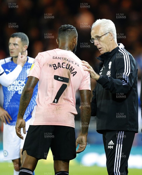 170821 - Peterborough v Cardiff City - Sky Bet Championship - Manager Mick McCarthy of Cardiff gives advice to Leandra Bacuna of Cardiff during a break in the game