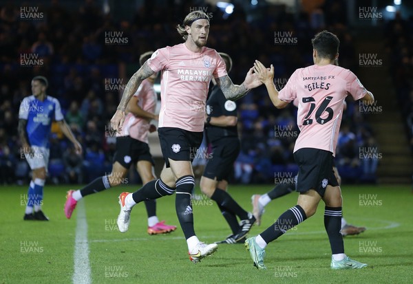 170821 - Peterborough v Cardiff City - Sky Bet Championship - Aden Flint of Cardiff celebrates his 1st goal with Ryan Giles of Cardiff