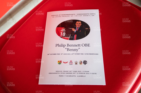 240622 - Picture shows the memorial service for Phil Bennett OBE, former Llanelli, Wales & Lions player at the Parc y Scarlets - Order of Service