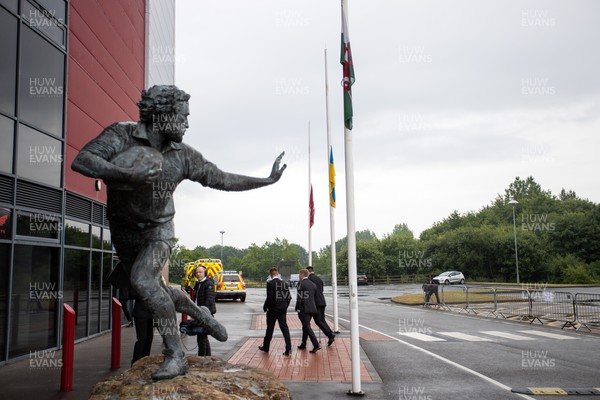 240622 - Picture shows the memorial service for Phil Bennett OBE, former Llanelli, Wales & Lions player at the Parc y Scarlets - Flags at half mast outside the stadium