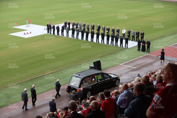 240622 - Memorial service for Phil Bennett OBE, former Llanelli, Wales & Lions player at Parc y Scarlets - The coffin is brought in