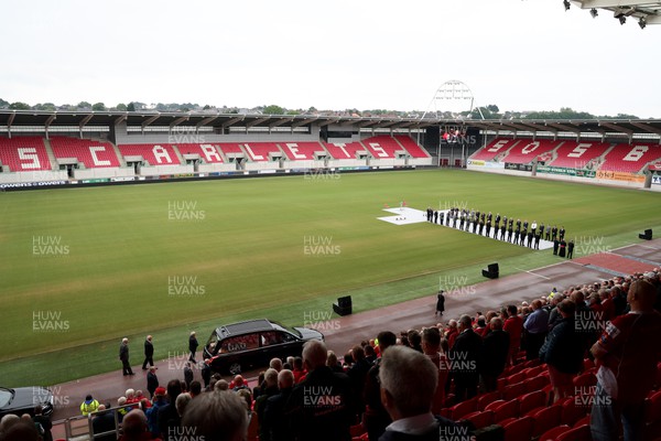 240622 - Memorial service for Phil Bennett OBE, former Llanelli, Wales & Lions player at Parc y Scarlets - The coffin is brought in