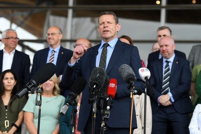 090526 - Picture shows Plaid Cymru leader Rhun Ap Lorwerth giving a speech outside the Senedd in Cardiff, after winning the Welsh Election