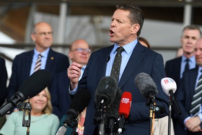090526 - Picture shows Plaid Cymru leader Rhun Ap Lorwerth giving a speech outside the Senedd in Cardiff, after winning the Welsh Election