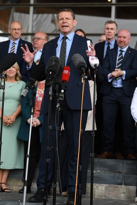 090526 - Picture shows Plaid Cymru leader Rhun Ap Lorwerth giving a speech outside the Senedd in Cardiff, after winning the Welsh Election