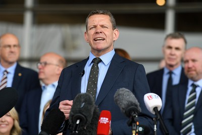 090526 - Picture shows Plaid Cymru leader Rhun Ap Lorwerth giving a speech outside the Senedd in Cardiff, after winning the Welsh Election