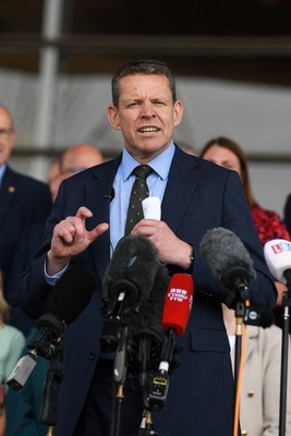 090526 - Picture shows Plaid Cymru leader Rhun Ap Lorwerth giving a speech outside the Senedd in Cardiff, after winning the Welsh Election