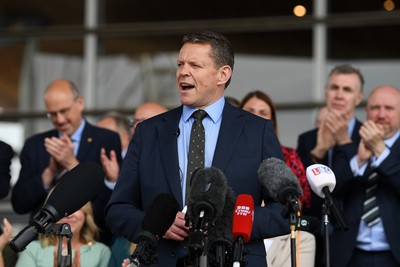 090526 - Picture shows Plaid Cymru leader Rhun Ap Lorwerth giving a speech outside the Senedd in Cardiff, after winning the Welsh Election