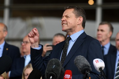 090526 - Picture shows Plaid Cymru leader Rhun Ap Lorwerth giving a speech outside the Senedd in Cardiff, after winning the Welsh Election