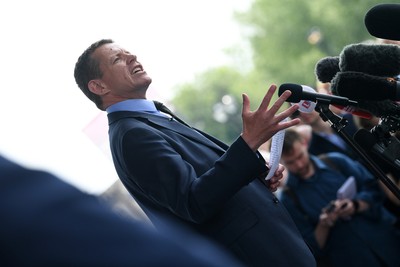 090526 - Picture shows Plaid Cymru leader Rhun Ap Lorwerth giving a speech outside the Senedd in Cardiff, after winning the Welsh Election
